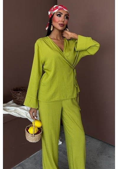 Moderie Butik Kruvaze Model Klasik Pantolonlu Çupra Keten Takım 10191 Yeşi L