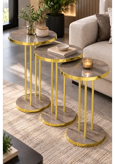 Sulorahome 3'lü Yuvarlak Zigon Sehpa Takımı Çam Kahverengi Ve Gold Metal Ayaklı Altın - Kahverengi