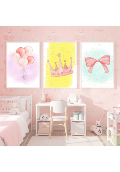 Besay Küçük Prenses Kız Bebek Odası Duvar Dekorasyonu Pembe Taç Ve Fiyonk Temalı Çocuk Posteri 3'lü Set A4 Çerçevesiz