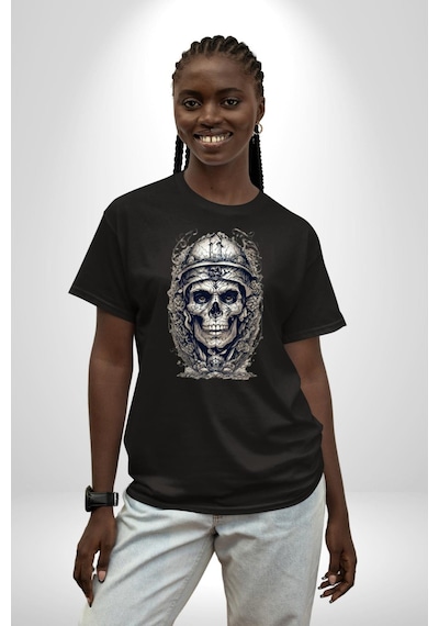 Kask Miğfer İskelet Asker Pamuklu Bisiklet Yaka Unisex Oversize Boyfriend Dijital Baskılı Siyah T-shirt Siyah