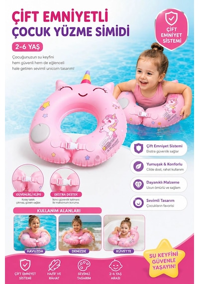 Toyflyer Çift Emniyetli Unicorn Çocuk Yüzme Simidi 2-6 Yaş Pembe Ar003