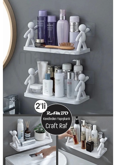 Madamev Kendinden Yapışkanlı Duvara Monte Craft Banyo Rafı Mutfak Organizeri 2'Li Çok Renkli