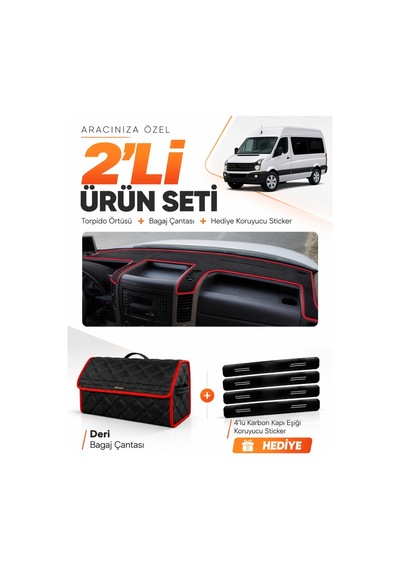 E-biz Volkswagen Crafter 2012-2019 Uyumlu Torpido Örtüsü + Deri Çanta - Siyah-kırmızı - Vw032