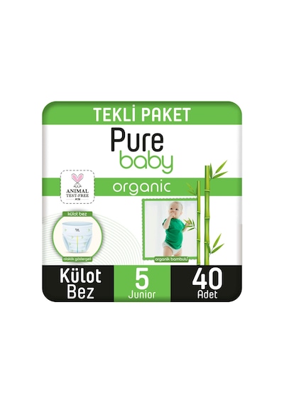 Pure Baby Organik Bambu Özlü Külot Bez Tekli Paket 5 Numara Junior 40 Adet