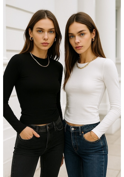 Rich Kadın Siyah-beyaz 2'li Paket Bisiklet Yaka Esnek Kumaşlı Vücuda Oturan Slim Fit Uzun Kollu Crop Body Beyaz - Siyah