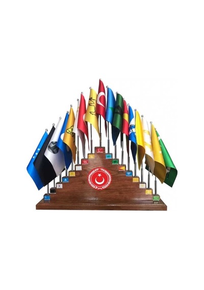17'li Eski Türk Devlet Bayrakları Ahşap Kaideli
