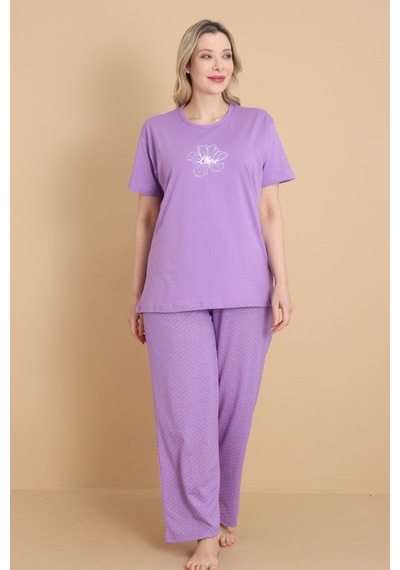 Wordex Mirano 4501 Kısa Kollu Lila Süprem Kumaş Büyük Beden Kadın Pijama Takımı
