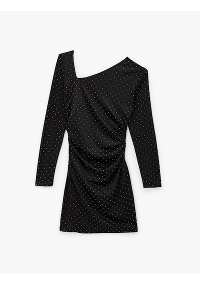 Koton Uzun Kollu Asimetrik Yaka Slim Fit Bodycon Taşlı Mini Abiye Elbise Siyah 6wak80066fk Siyah