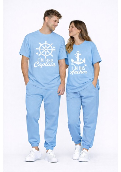 Sevgili Kombini Oversize Çift Tişört Unisex Captain Anchor Baskıl Mavi