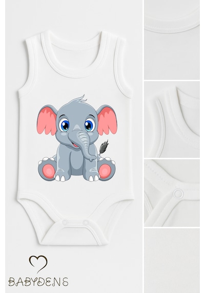 Babyden's %100 Pamuklu Hayvan Figürlü Kolsuz Çıtçıtlı Bebek Body Fil Beyaz