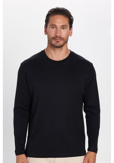 Tudors Unisex Relax Fit Rahat Kesim %100 Pamuk Uzun Kollu Bisiklet Yaka Siyah Basic Tişört-32654 Siyah
