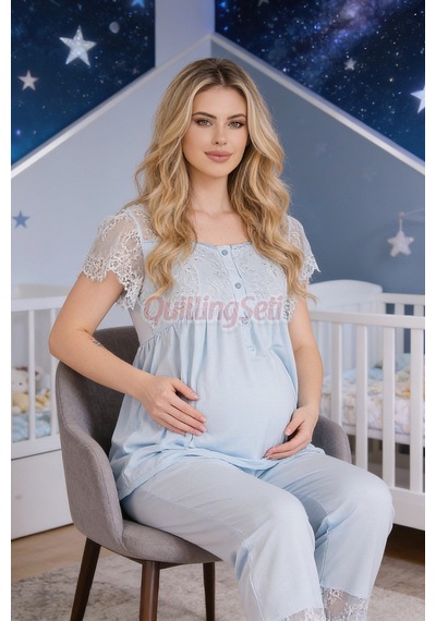 Lady Bebe Mavi Renkli Dantel Detaylı, 33200 Kısa Kol, 2 Parça Lohusa Hamile Pijama Takımı Açık Mavi
