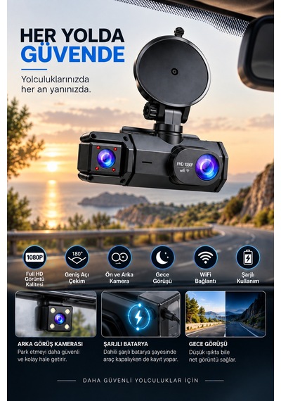 Ön Arka Kamera 1080p Full Hd Wifi 180 Geniş Açı Şarjlı - Lisinya