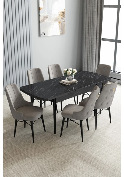 Zümra Serisi, Siyah Mermer Desen 80x132 Açılabilir Mdf Mutfak Masası Takımı 6 Adet Sandalye, Gri Zümra Serisi, Siyah Mermer Desen 80x132 Açılabilir Mdf Mutfak Masası Takımı 6 Adet Sandalye, Gri