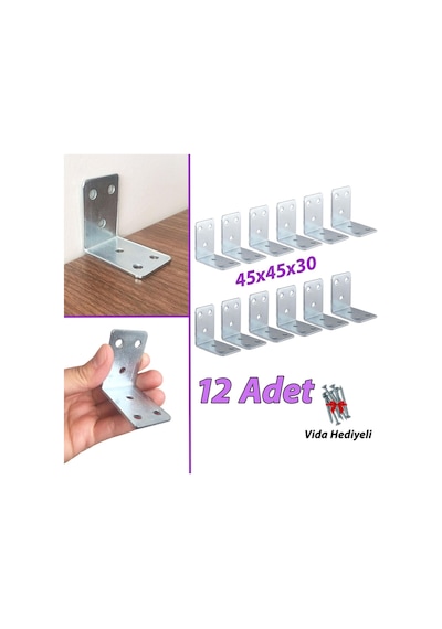 12 Adet Mobilya Eşya Dolap Duvar Sabitleyici Köşe Bağlantı L Demir Gönye Deprem Güvenliği 45x45x30mm