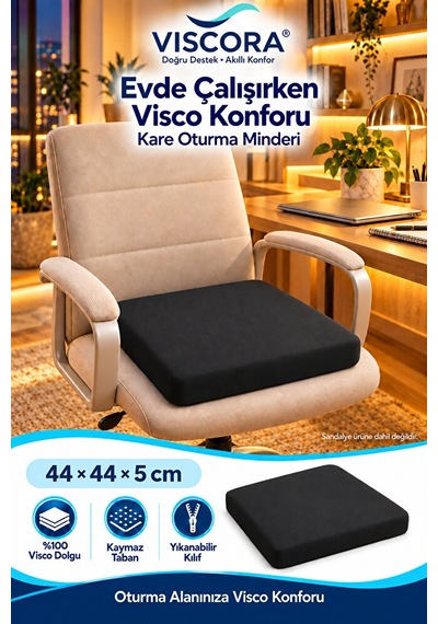 Visco Kare Oturma Minderi Ofis Koltuğu, Sandalye Ve Ev İçin Kaymaz Minder 44 44 5 Cm