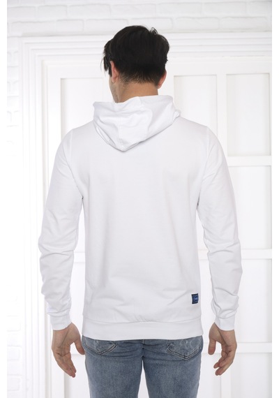 Escetic Spor Erkek Beyaz Cepli, Kapüşonlu Sweatshirt-4178