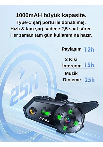 D2-6x 1000m Mesafeli 6 Kanallı İntercom Bluetooth Motosiklet Kask Kulaklığı İntercom Kulaklık