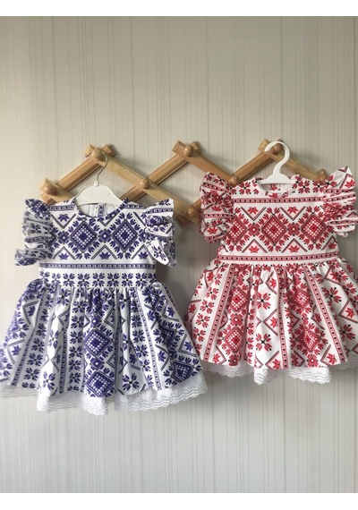Fırfır Ve Dantel Detaylı Etnik Desenli Mavi Beyaz Kız Çocuk Bebek Elbise 001