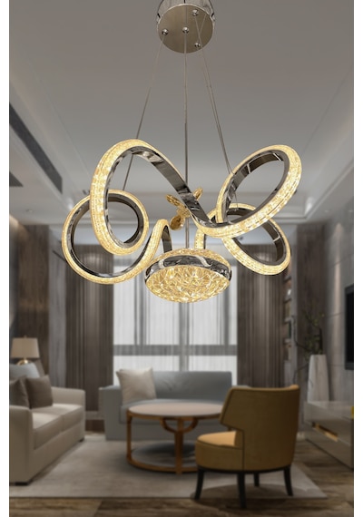 Kıvrım Eliza Tek Toplu Simli Slikonlu Modern Oturma Led Avizesi - Kumandalı / Krom Krom