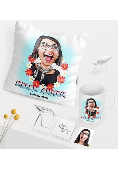 Kişiye Özel Melek Annem Karikatürlü Beyaz Kupa Ayna Yastık Seti