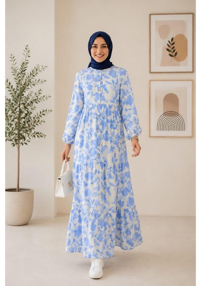 Hb Harma Time Butik Kadın Düğmeli Desenli Modal Kumaş Beyaz Elbise Beyaz Beyaz