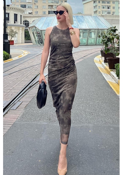 Madmext Haki Desenli File Yüksek Yaka Maxi Elbise Mg2097-haki Haki