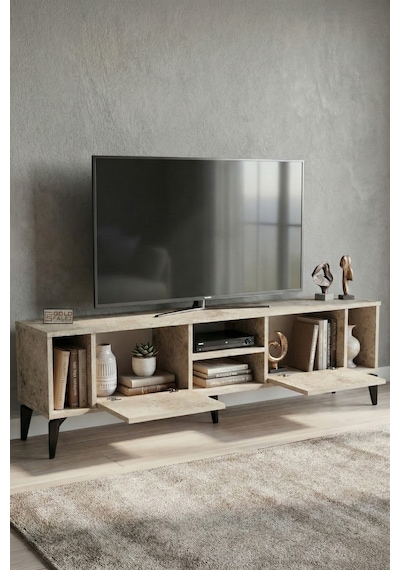 Tv Sehpası 160 Cm Modern Çok Amaçlı Dolaplı Raflı Televizyon Ünitesi Linya Traverten