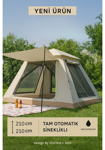 6 Kişilik Otomatik Kamp Çadırı Sineklikli & 3000 Mm Su Geçirmez Outdoor Çadır Bej
