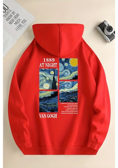 Vangogh Baskılı Oversize Sweatshirt Kırmızı