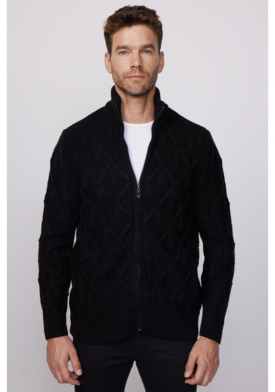 Tudors Slim Fit Desenli Dik Yaka Fermuarlı Siyah Erkek Hırka-28267-siyah Siyah