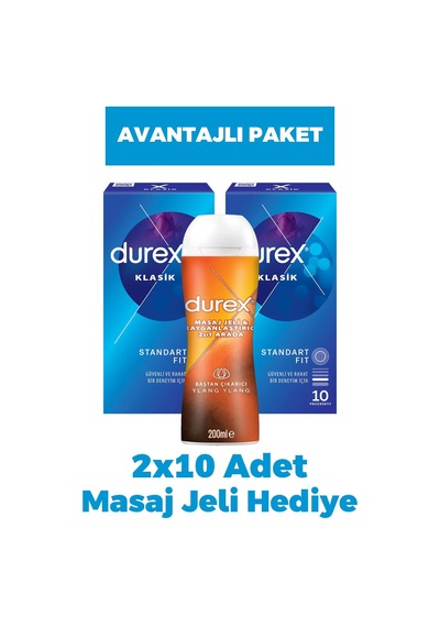 Durex Klasik Prezervatif 10'lu 2 Adet + Masaj Jeli Hediye