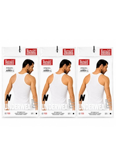 Namaldı Erkek Ribana Rambo Atlet 3'lü Paket - %100 Pamuk Sporcu Atlet 3 Adet Beyaz