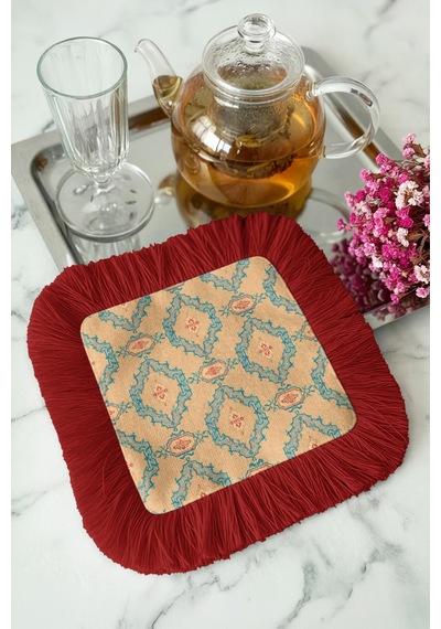 Saray Ihtişamı Saçaklı Bohem Sunum Peçetesi - Vintage Etnik Mavi Bej Bordo Bardak Altlığı Mendil Tozlu Taba