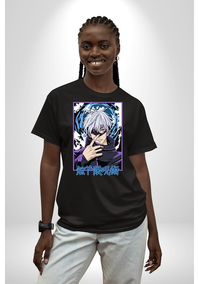 Jujutsu Vintage Washed - Megumi Gojo Anime Manga Pamuklu Bisiklet Yaka Unisex Oversize Boyfriend Dijital Baskılı Siyah T-shirt Siyah
