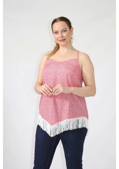 Moda Berray 3280 Etnik Desenli Eteği Saçaklı İnce Askılı Yazlık Bluz Pembe
