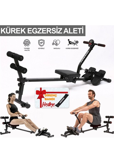 Hidrolik Katlanabilir Kürek Çekme Aleti Gösterge Ev Kardiyo Tüm Vücut Egzersiz + Direnç Lastiği