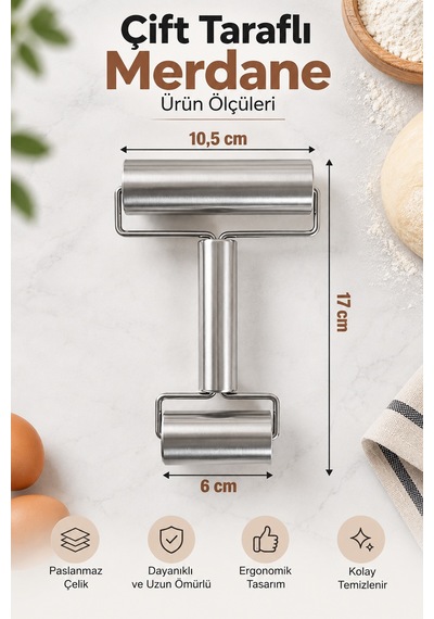 Çift Taraflı Paslanmaz Çelik Merdane Küçük Ve Büyük Hamur Açma Rulosu Ergonomik El Merdanesi