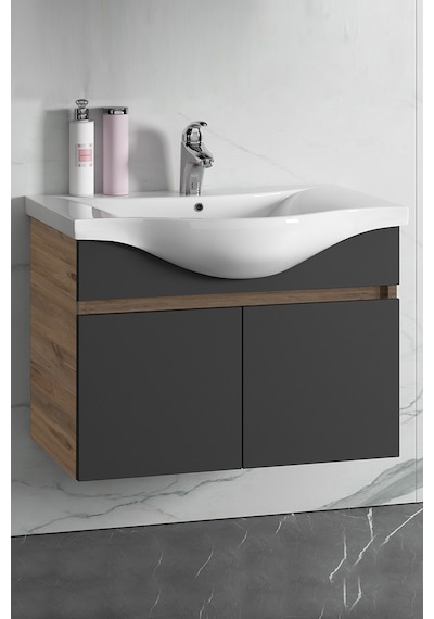 80 Cm Atlantik Çam-Antrasit Gri Mat Mdf Lavabolu Banyo Alt Dolabı Antrasit - Atlantik Çam