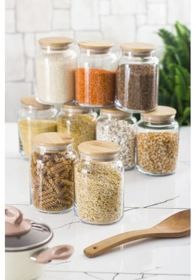 9 Lu Set Bambu Kapaklı Cam Kavanoz & Erzak Saklama Kabı 800 Ml Orta Boy Vakum Kapak