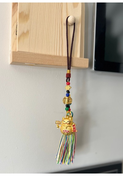 Feng Shui Bereket Ve Şans Kedisi Asılabilir Dekor /maneki Neko Gold Püsküllü Araba Aynası Süsü 1 Adet