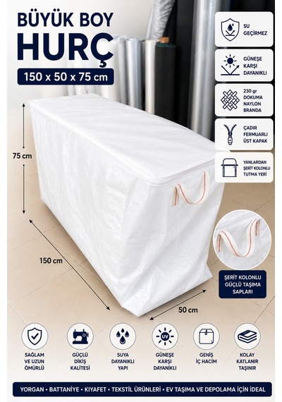 150x50x75 Büyük Boy Hurç Fermuarlı Su Geçirmez Uv Korumalı 230 Gr Dokuma Naylon Branda Beyaz