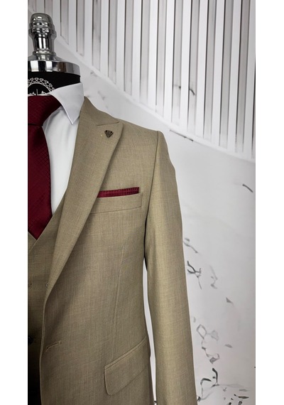 Dupont Classics Dupont Erkek Slim Fit Yelekli Takım Elbise 6 Drop Çift Yırtmaç Açık Vizon Dupont Classics Dupont Erkek Slim Fit Yelekli Takım Elbise 6 Drop Çift Yırtmaç Açık Vizon