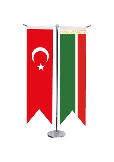 Masa Üstü Kırlangıç Çeçenistan + Türk Bayrağı + Krom T Direk Masa