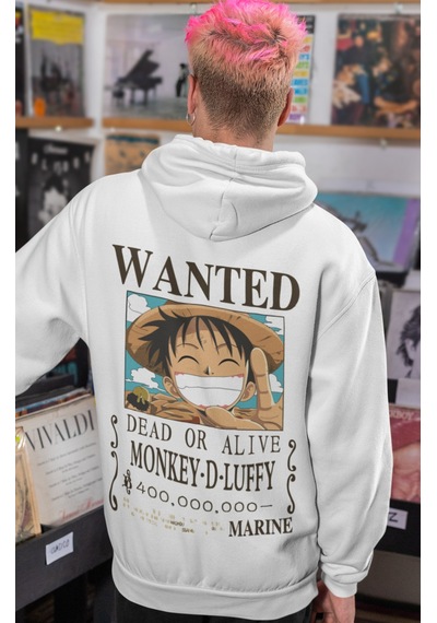 Sevbano Wanted Monkey D. Luffy One Piece Anime Sırt Baskılı Unisex Oversi beyaz