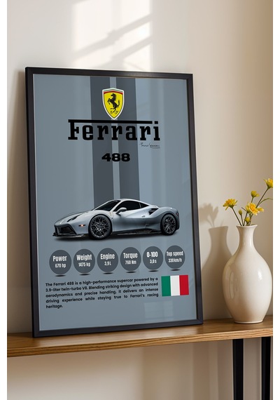 Ferrari 488 Premium Süper Araba Tablosu - Teknik Özellikli İtalyan Otomobil Duvar Dekoru Siyah