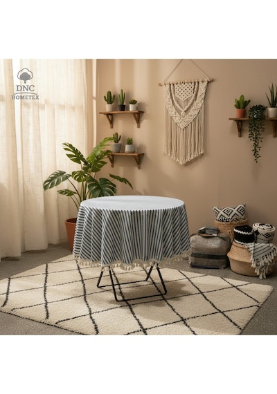 Dnc Home Tekstil Lacivert Çizgili Keten Yuvarlak Ham Ponponlu Masa Örtüsü Lacivert