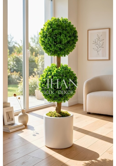 Yapay Çift Katlı Top Şimşir Ağacı U.v. Dayanıklı 100 Cm Şimşir Çapı 35 Cm Plastik Silindir Saksılı Beyaz