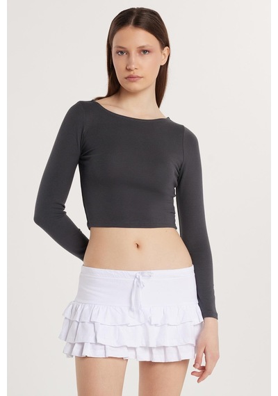 Tudors Kadın Slim Fit Dar Kesim Modal Kumaş Uzun Kollu Bisiklet Yaka Antrasit Bluz-33729 Antrasit