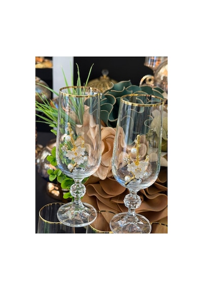 6 Adet Bohemia Kristal Gold Yaldızlı İnci Broşlu Kahve Yanı Su Bardağı Kadeh Altın